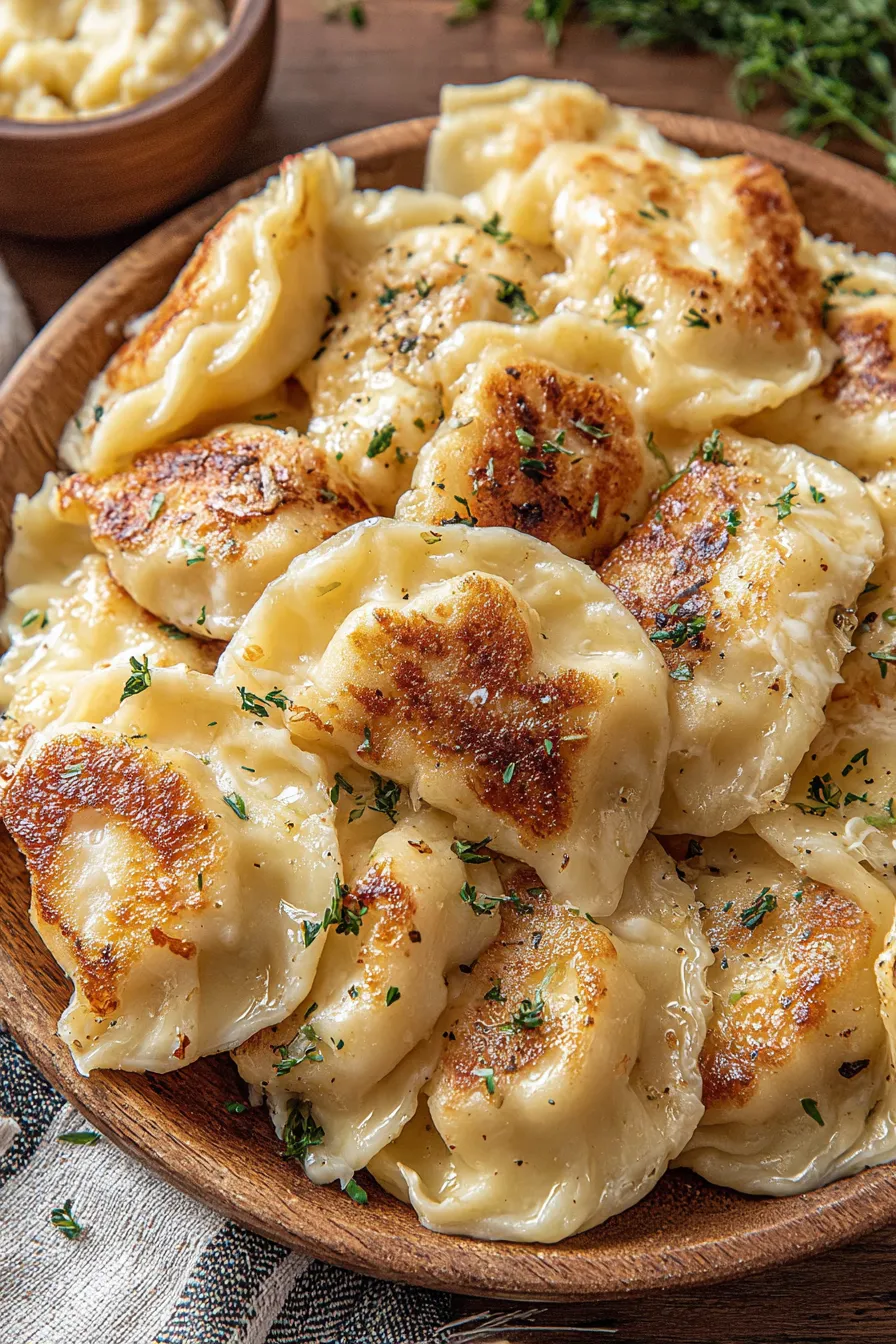 Pierogi being boiled in a pot