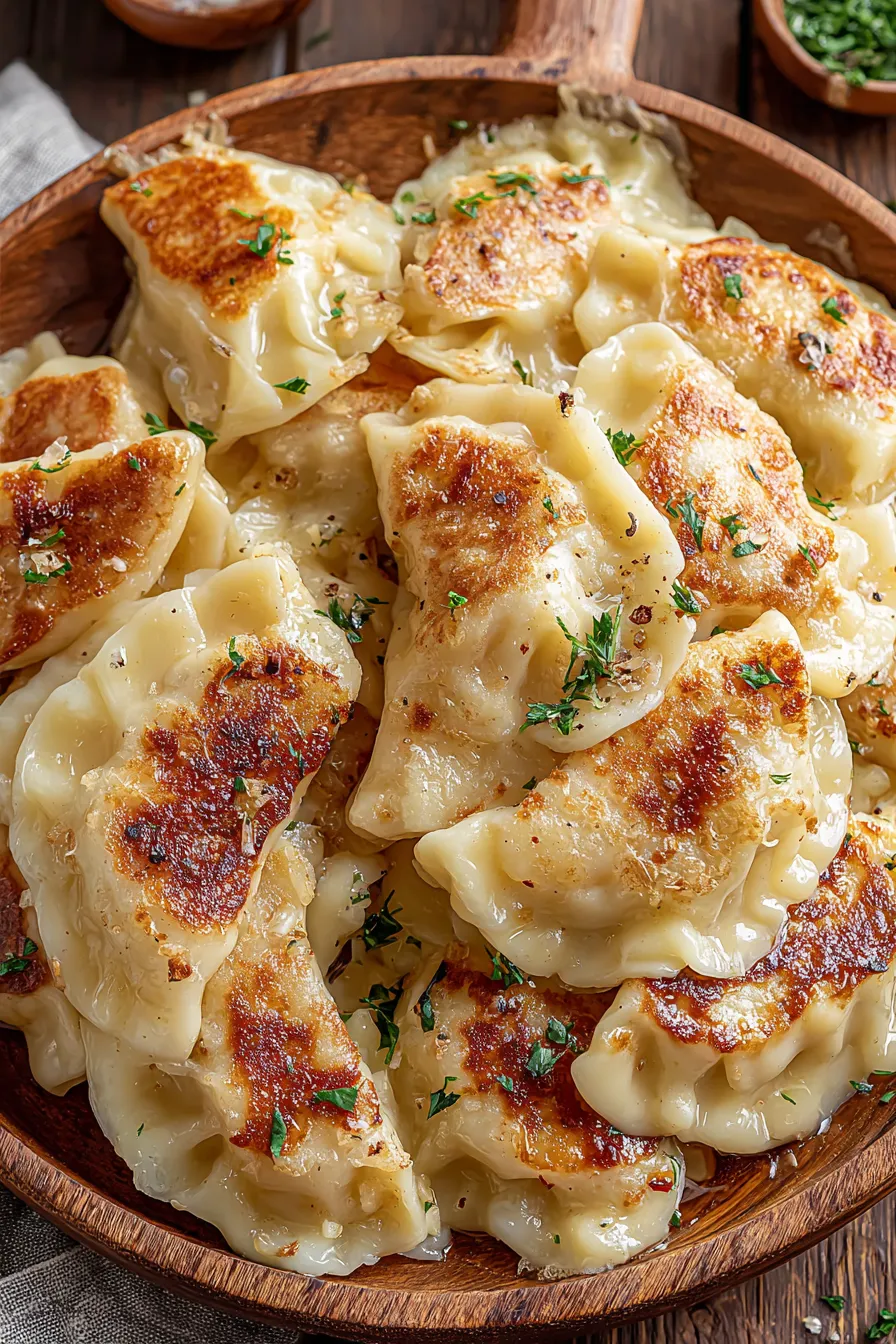 Plate of golden pierogi with caramelized onions on top