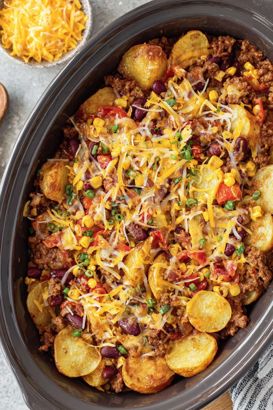 Crockpot Cowboy Casserole bubbling with melted cheese