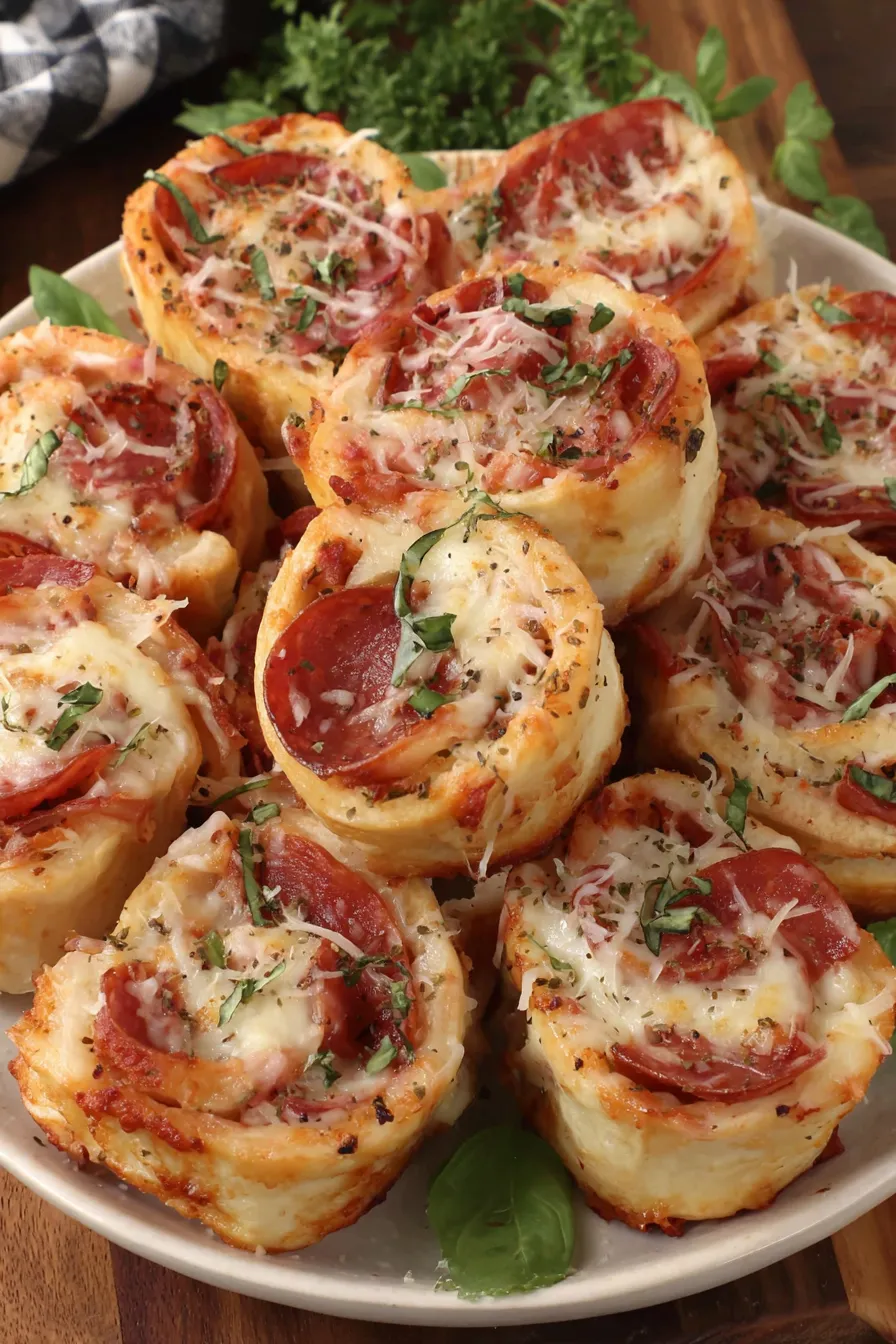 Tortilla pizza rolls on a baking sheet, golden and bubbly