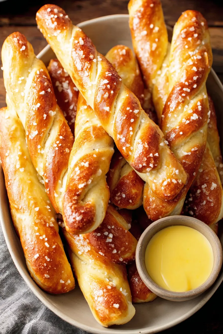 Freshly baked pretzel sticks on parchment