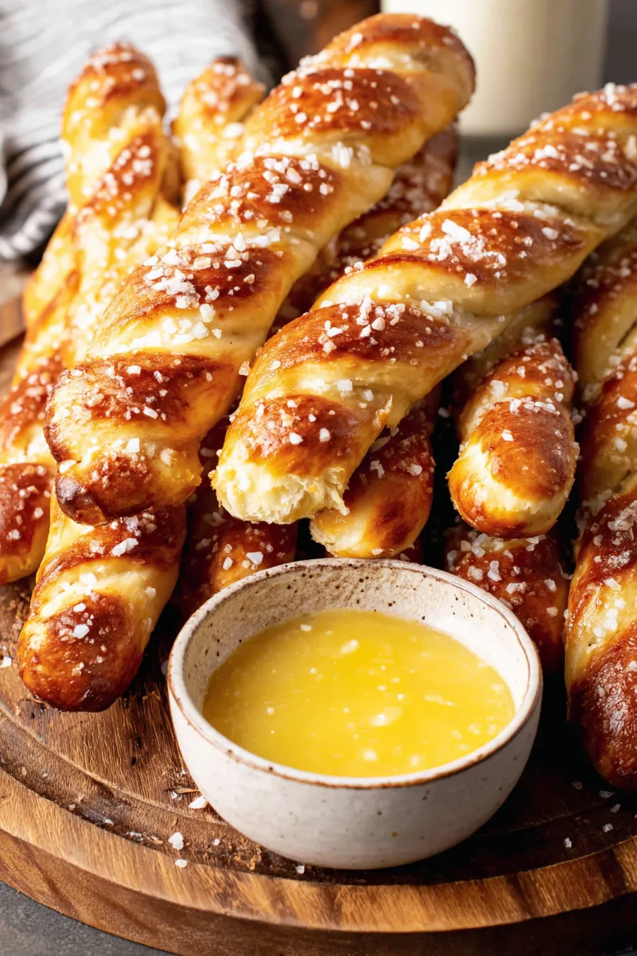 Pretzel sticks arranged with mustard and dipping sauces