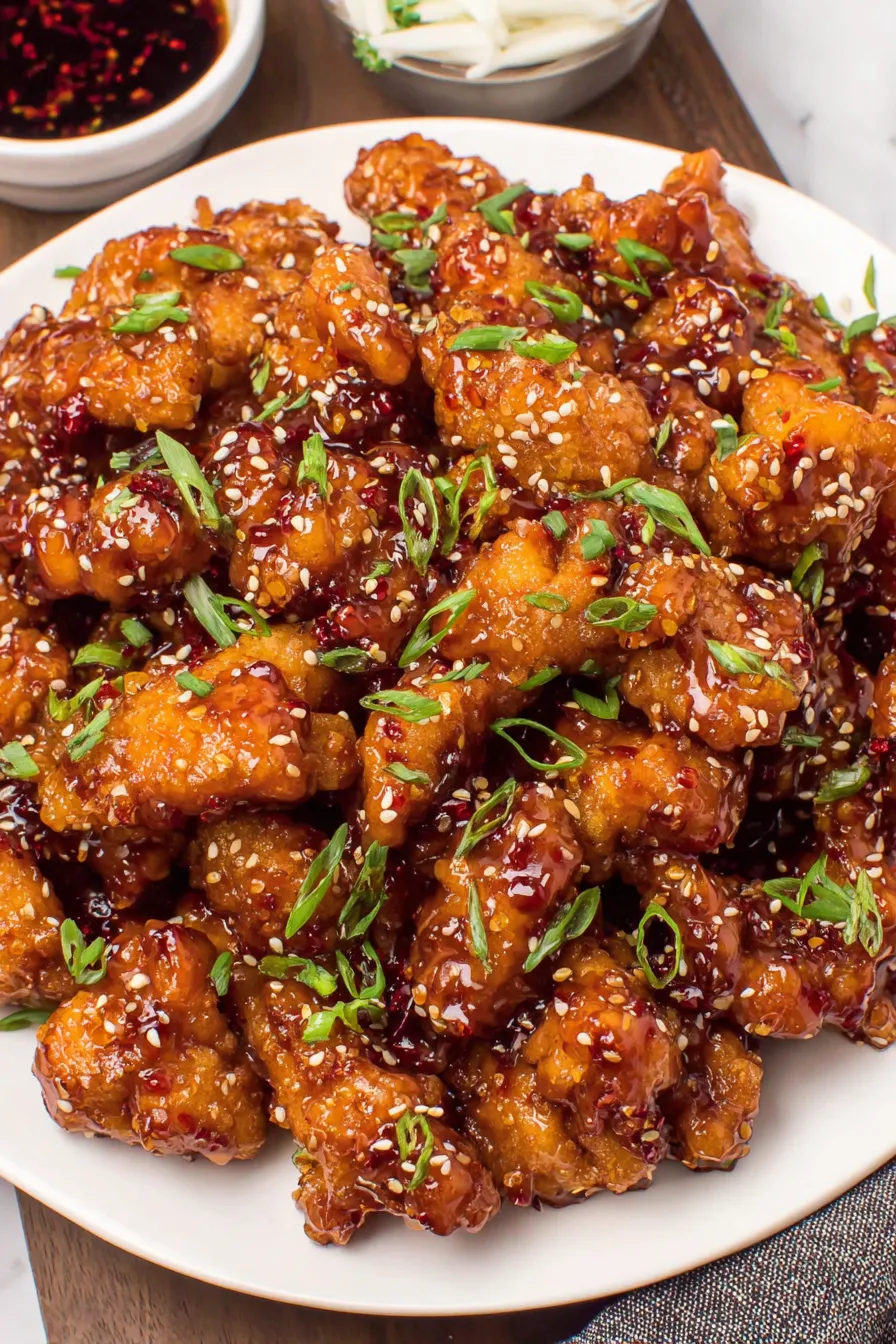 Golden fried General Tso chicken glazed with sauce