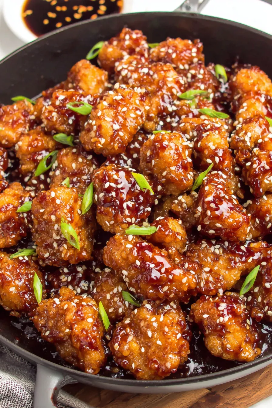 Close-up of glazed General Tso chicken with sesame seeds and green onions