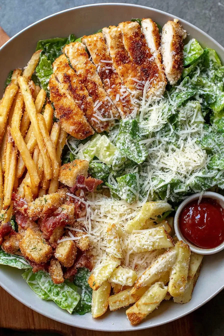 Panko-crusted chicken breast on a bed of romaine with fries