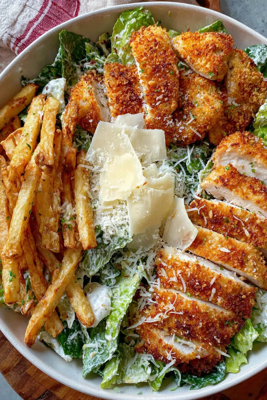 Crispy fries and sliced schnitzel on a plate with lemon wedge