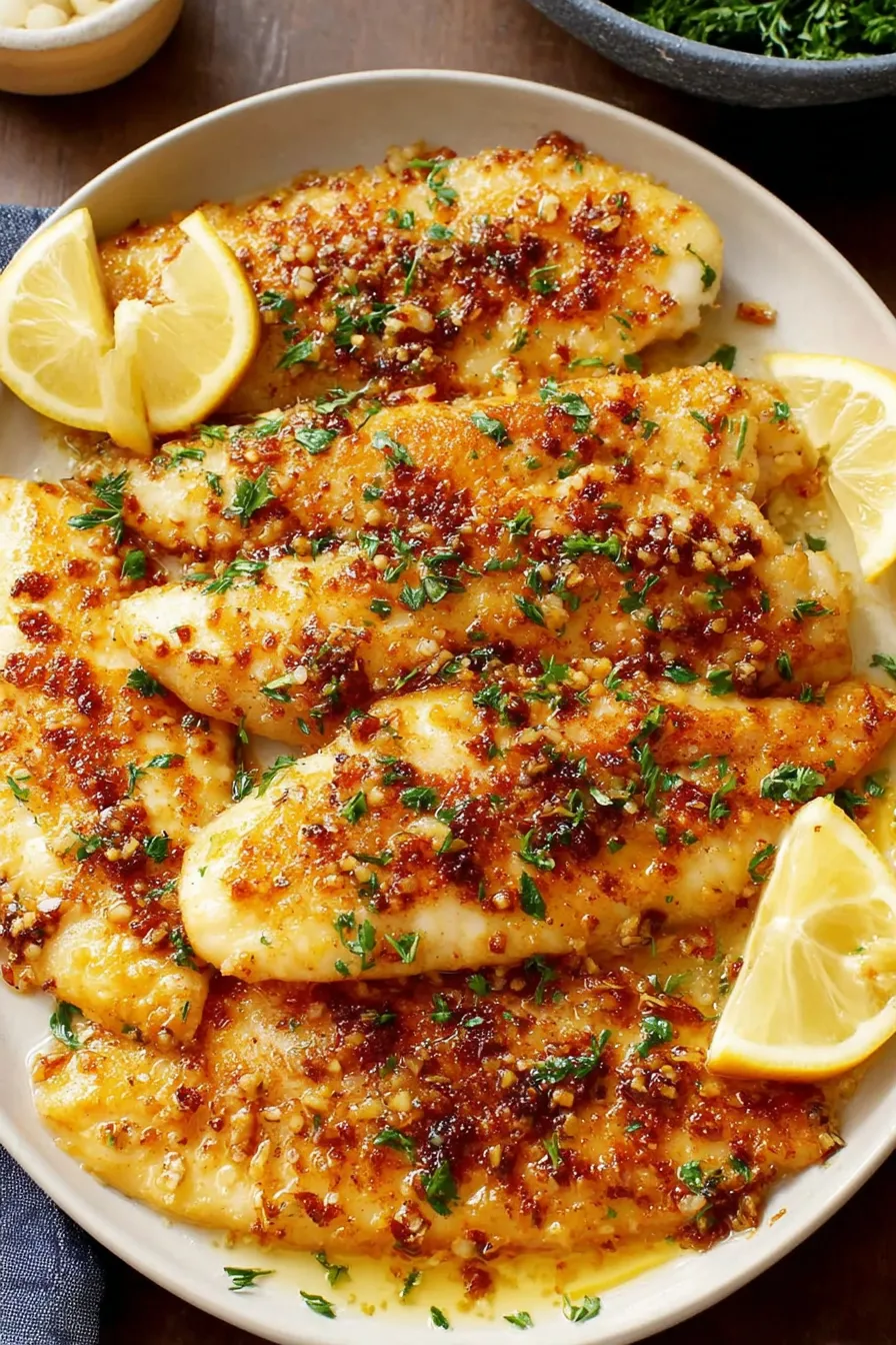 Close-up of tilapia fillet with parsley and lemon