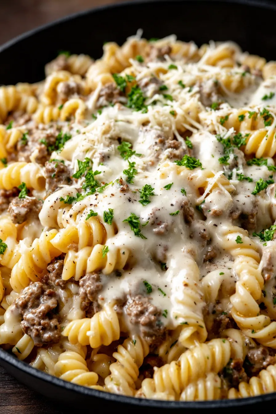 Skillet of creamy ground beef pasta in a pan