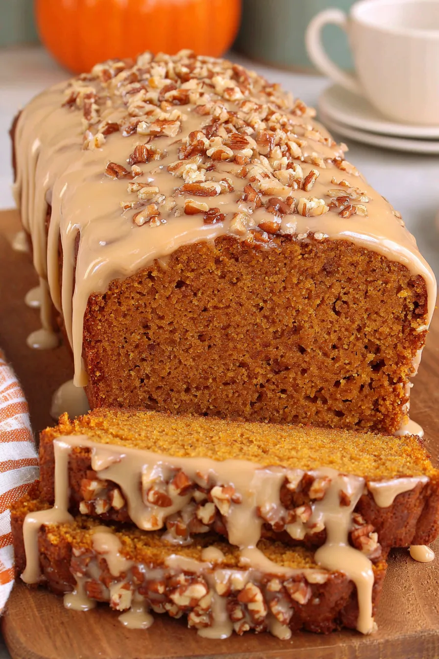 Maple pumpkin bread with pecan streusel on a cooling rack