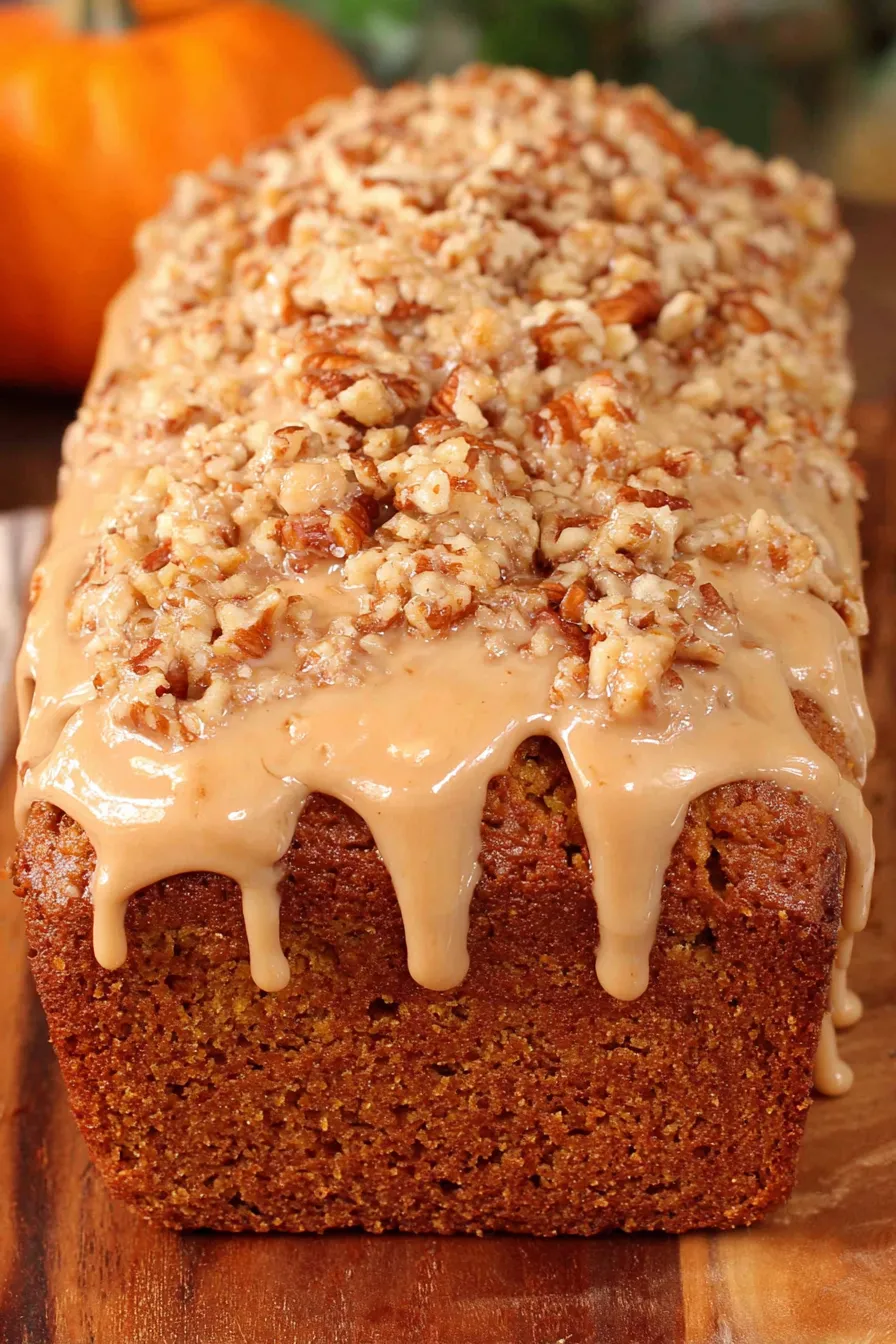 Sliced pumpkin bread with maple glaze and chopped nuts