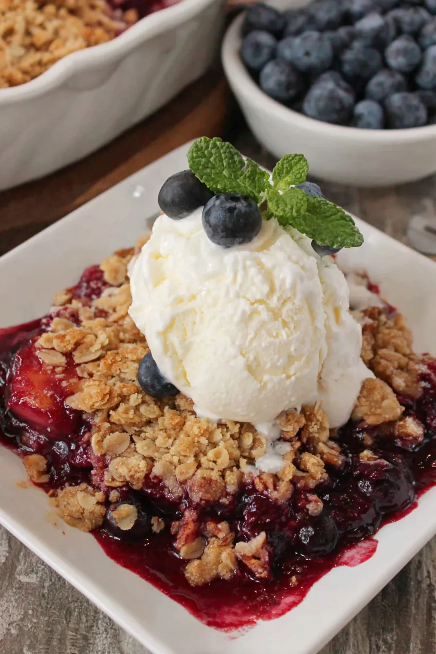 A baking dish filled with blueberry peach crisp, bubbling at the edges