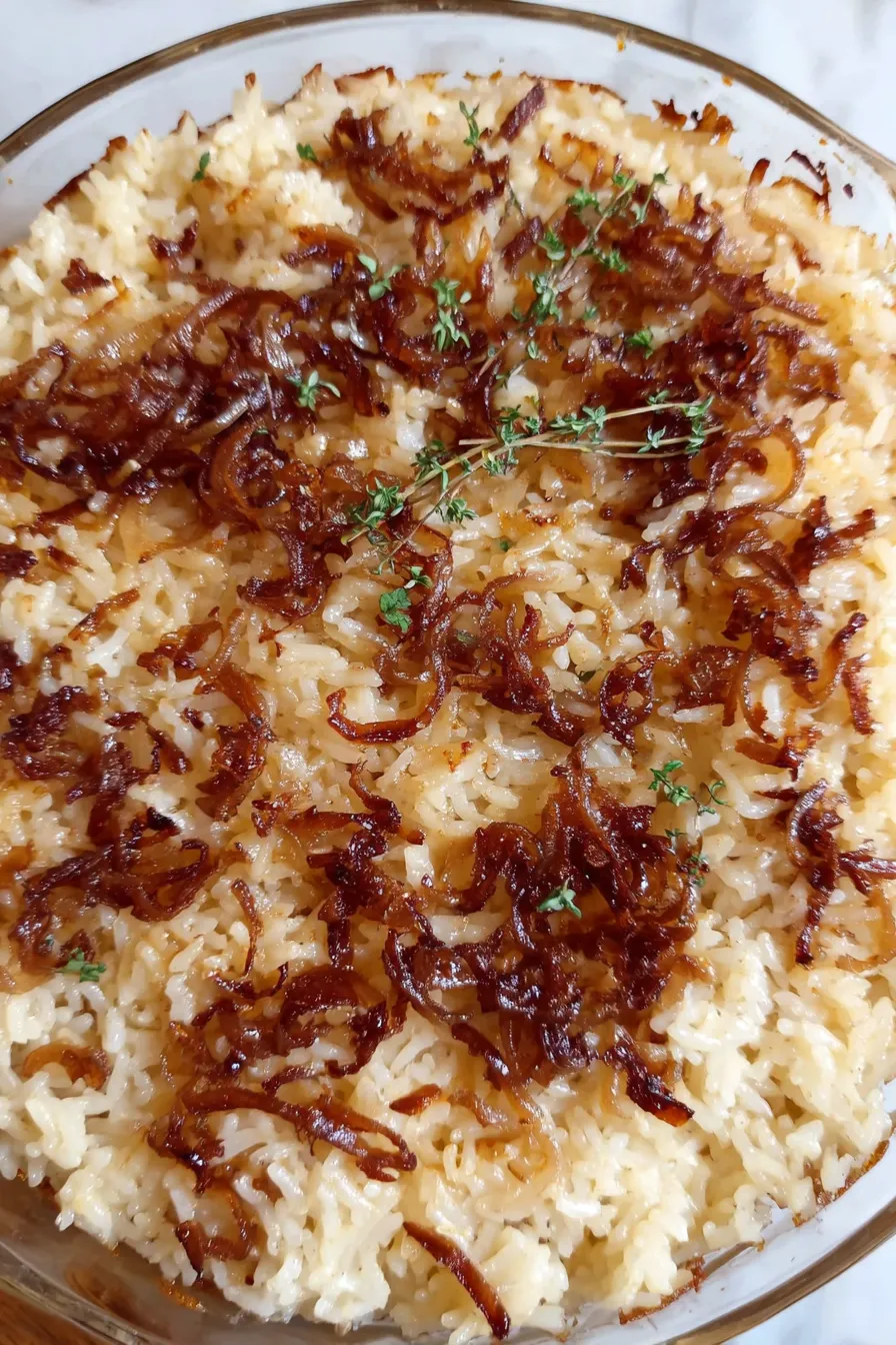 French Onion Soup Rice Bake in baking dish showing golden top