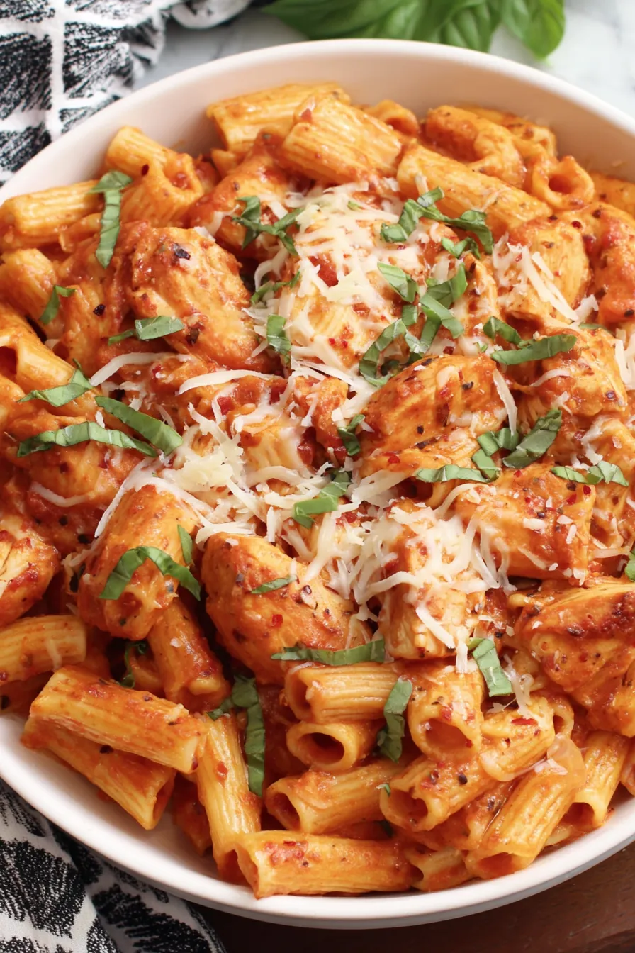 Cheesy chicken pasta in a crockpot with fresh basil