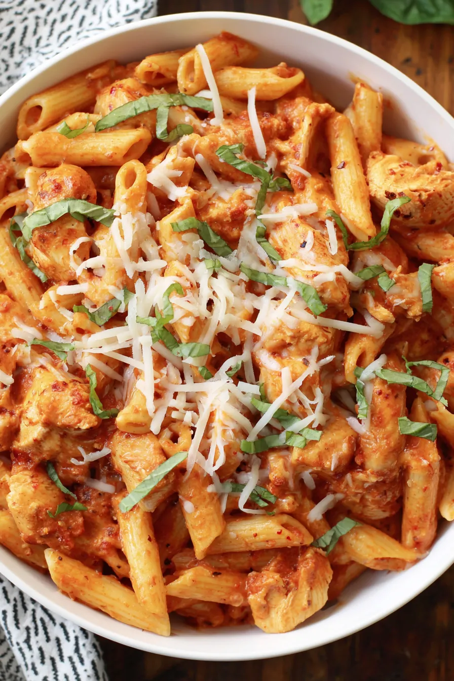 Serving of cheesy chicken pasta garnished with parmesan and basil