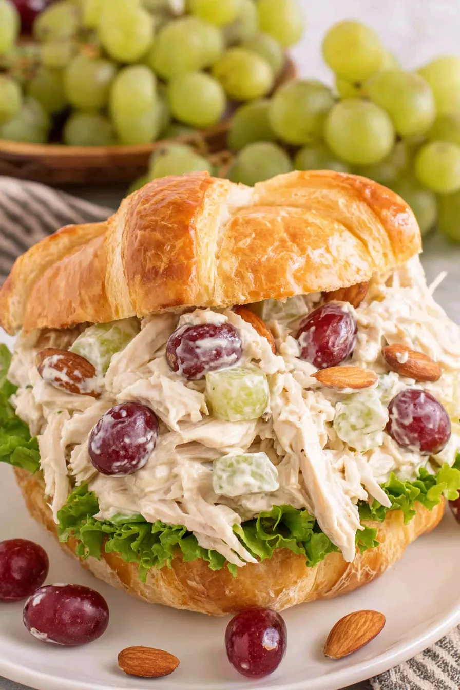 Chicken salad in a bowl with grapes and almonds