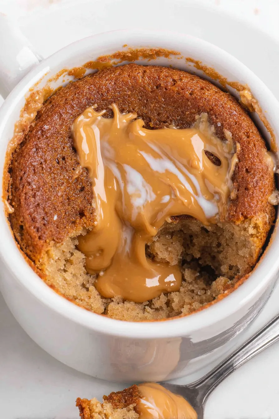 Top view of peanut butter mug cake with a dollop of peanut butter melting on top