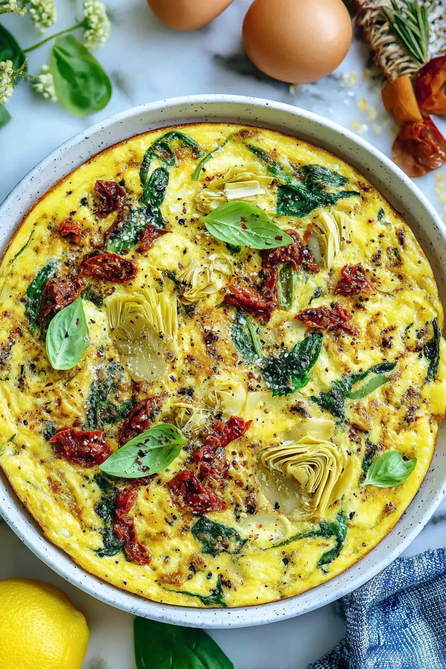Baked breakfast casserole in a 9x13 pan, topped with crumbled feta and herbs