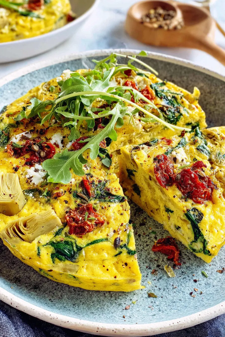 Close-up of a slice of spinach and artichoke breakfast casserole on a plate garnished with herbs