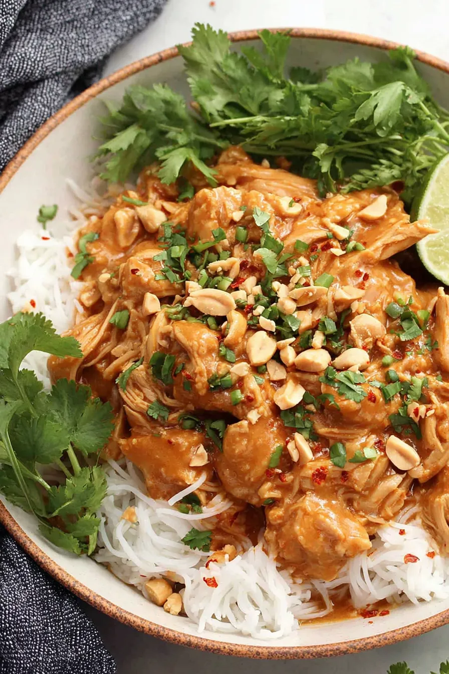 Shredded Thai peanut chicken in a slow cooker