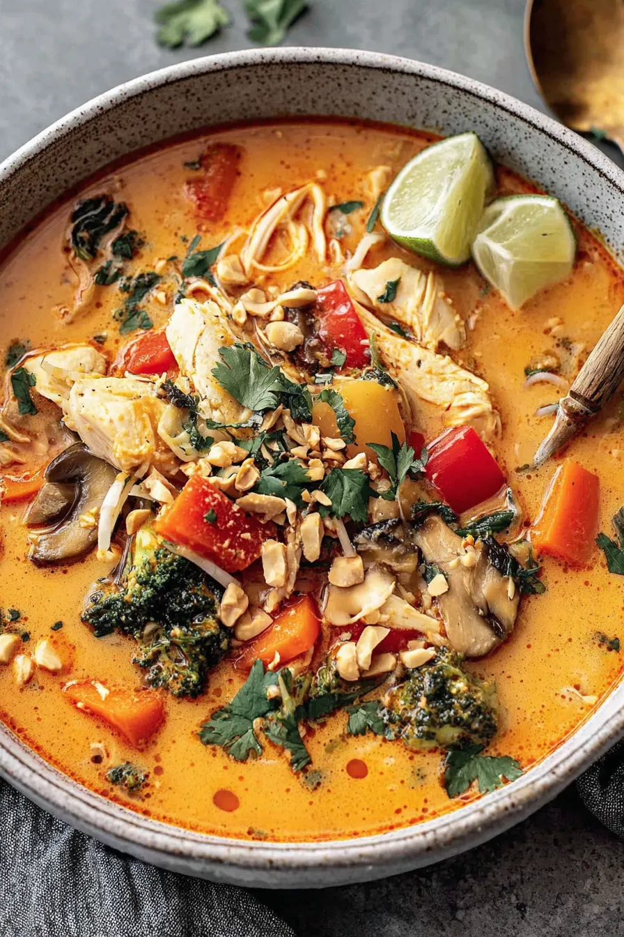 Slow cooker Thai chicken soup in a ladle over rice