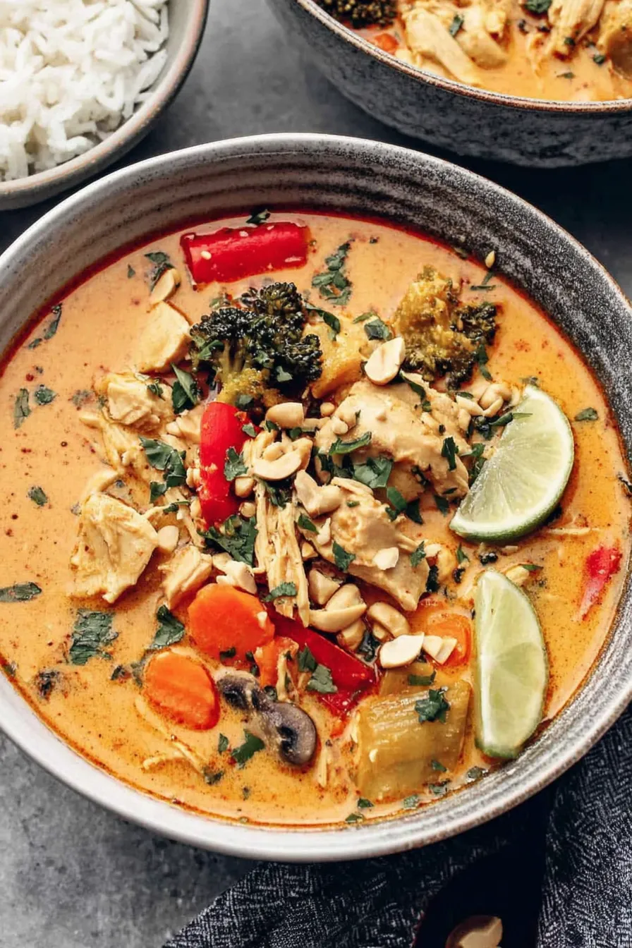Bowl of Thai chicken soup with cilantro and peanuts garnish