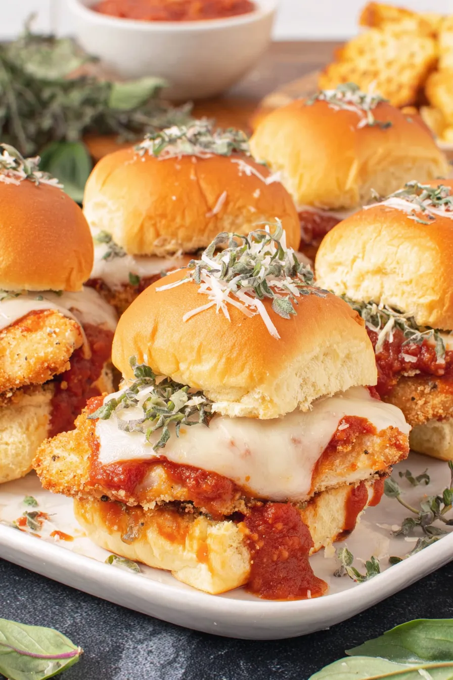 Baked chicken parmesan sliders in 9x13 pan, golden tops