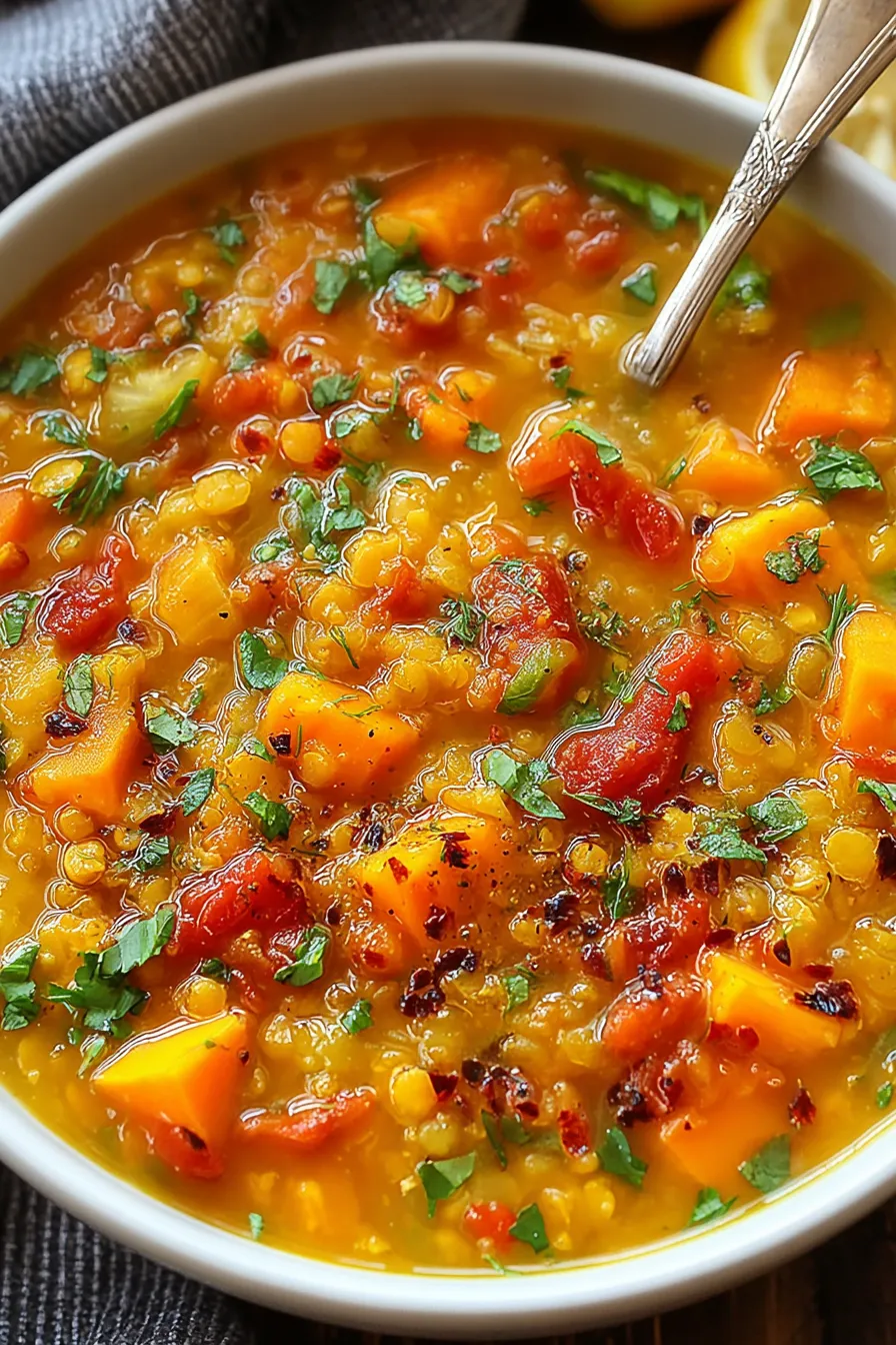 Red lentil soup in a white bowl with herbs
