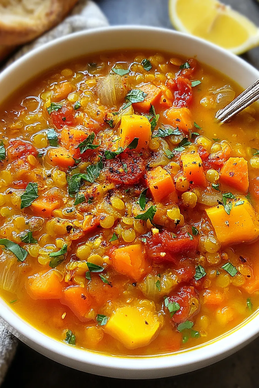 Ingredients for lentil soup on a wooden board
