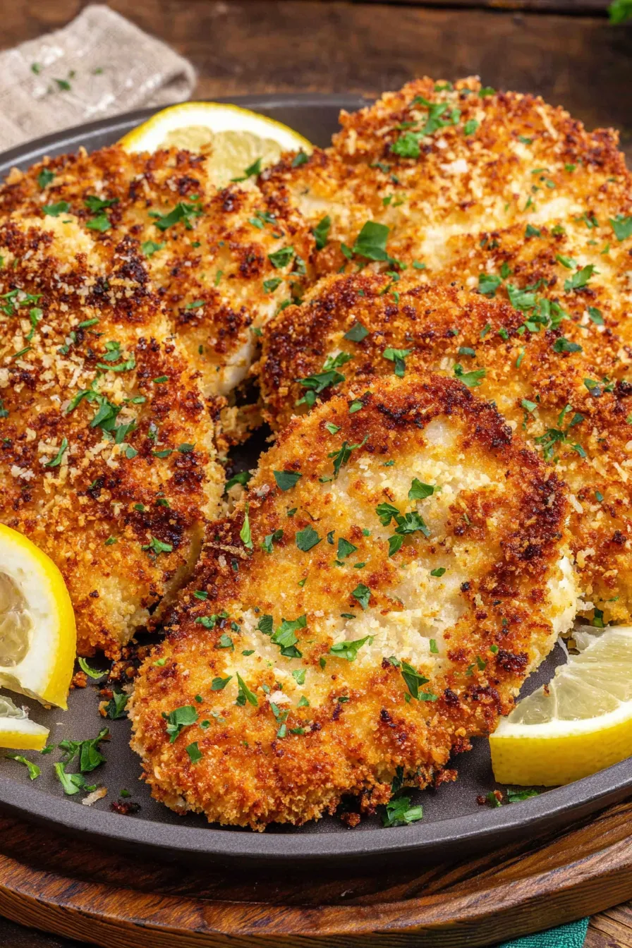 Plated panko chicken with lemon