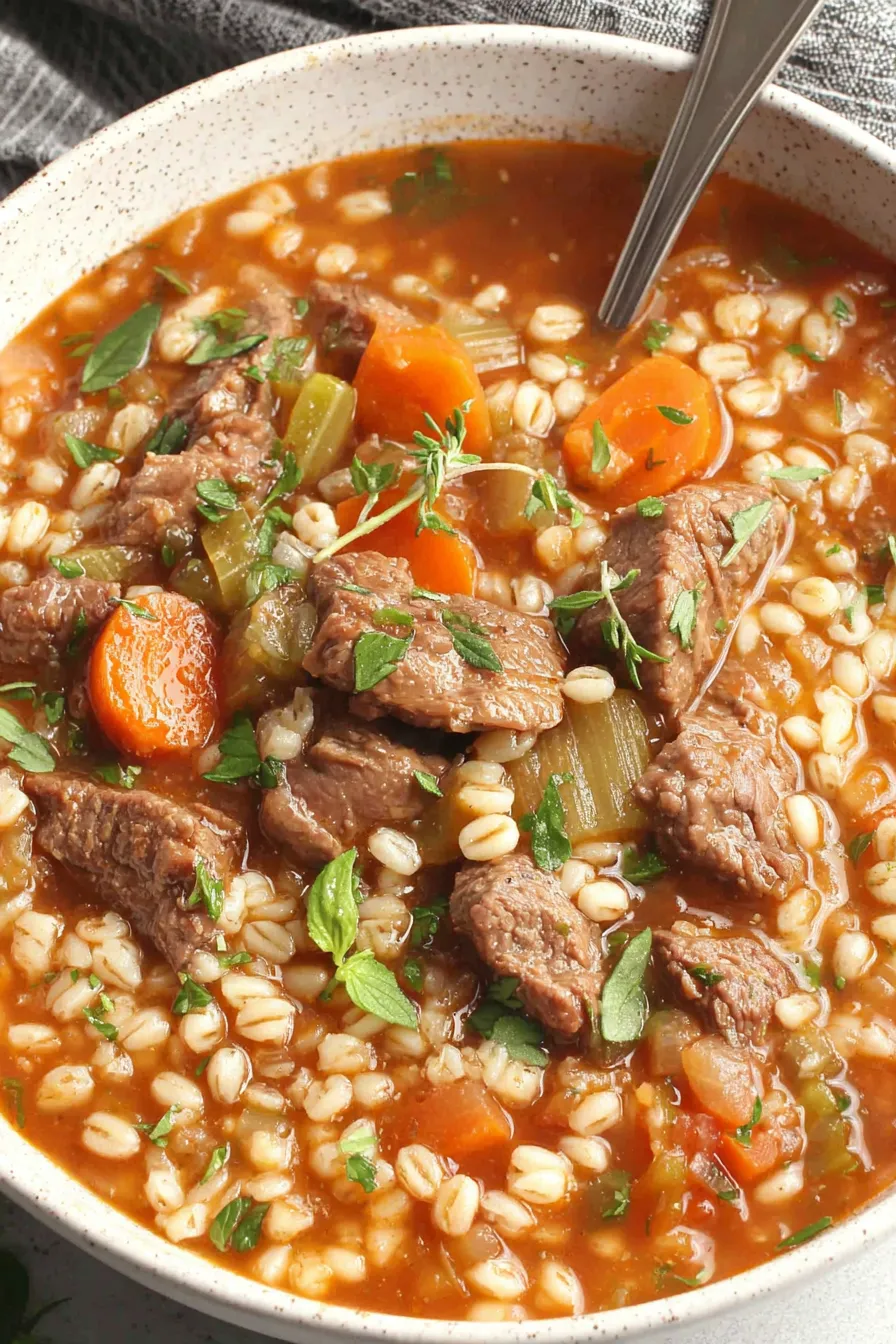 Bowl of hearty beef and barley soup garnished with parsley