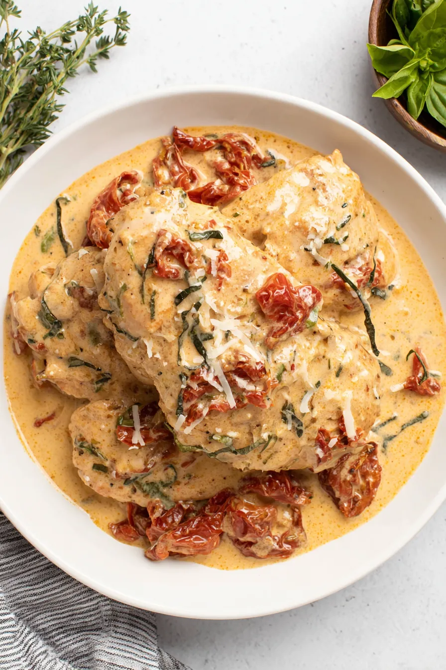 Sliced Marry Me Chicken with basil garnish