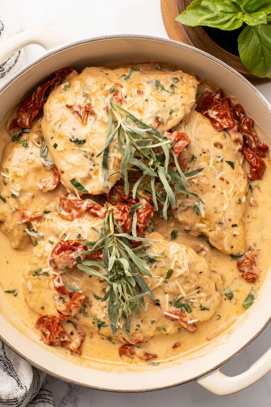 Creamy sauce spooned over chicken in slow cooker