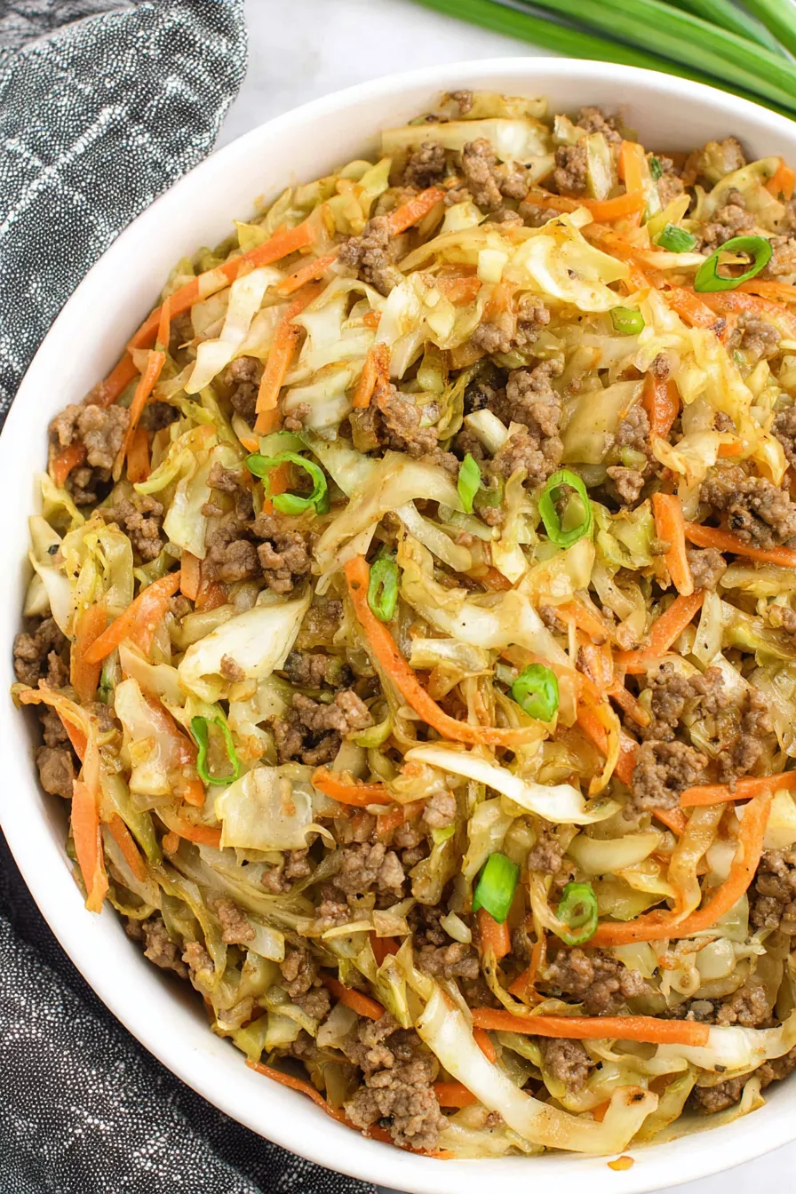 Finished egg roll in a bowl served in a bowl with sliced green onions