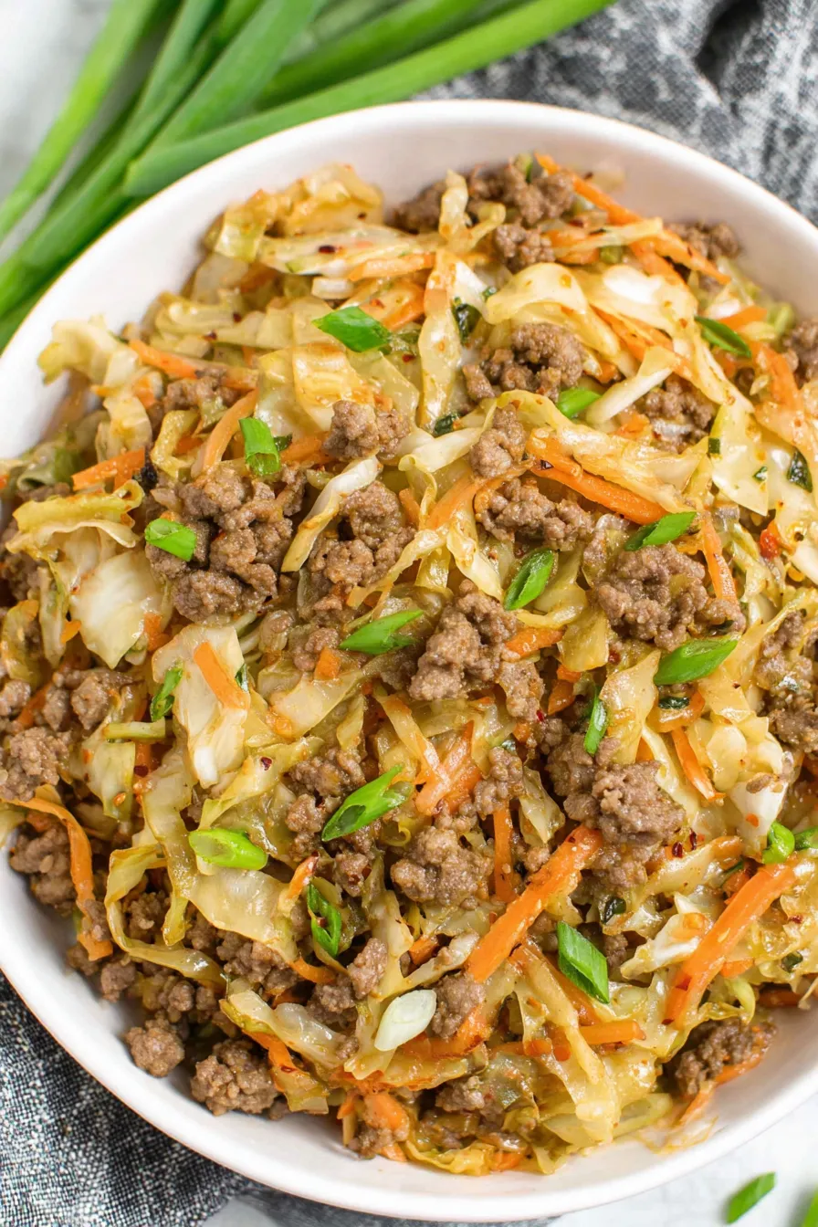 Shredded carrots and coleslaw mix being added to skillet