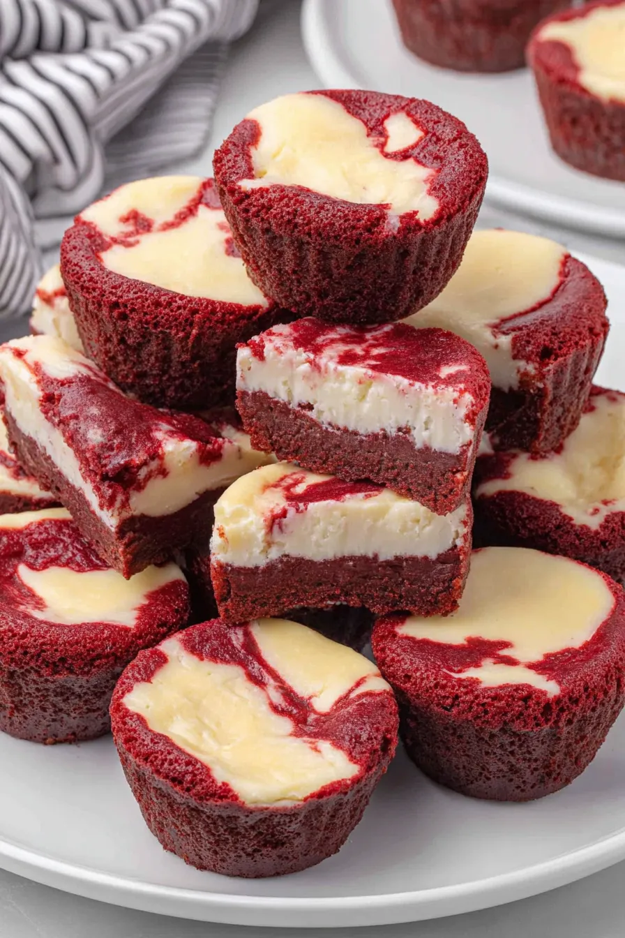 Mini red velvet cheesecake bites cooling on a wire rack