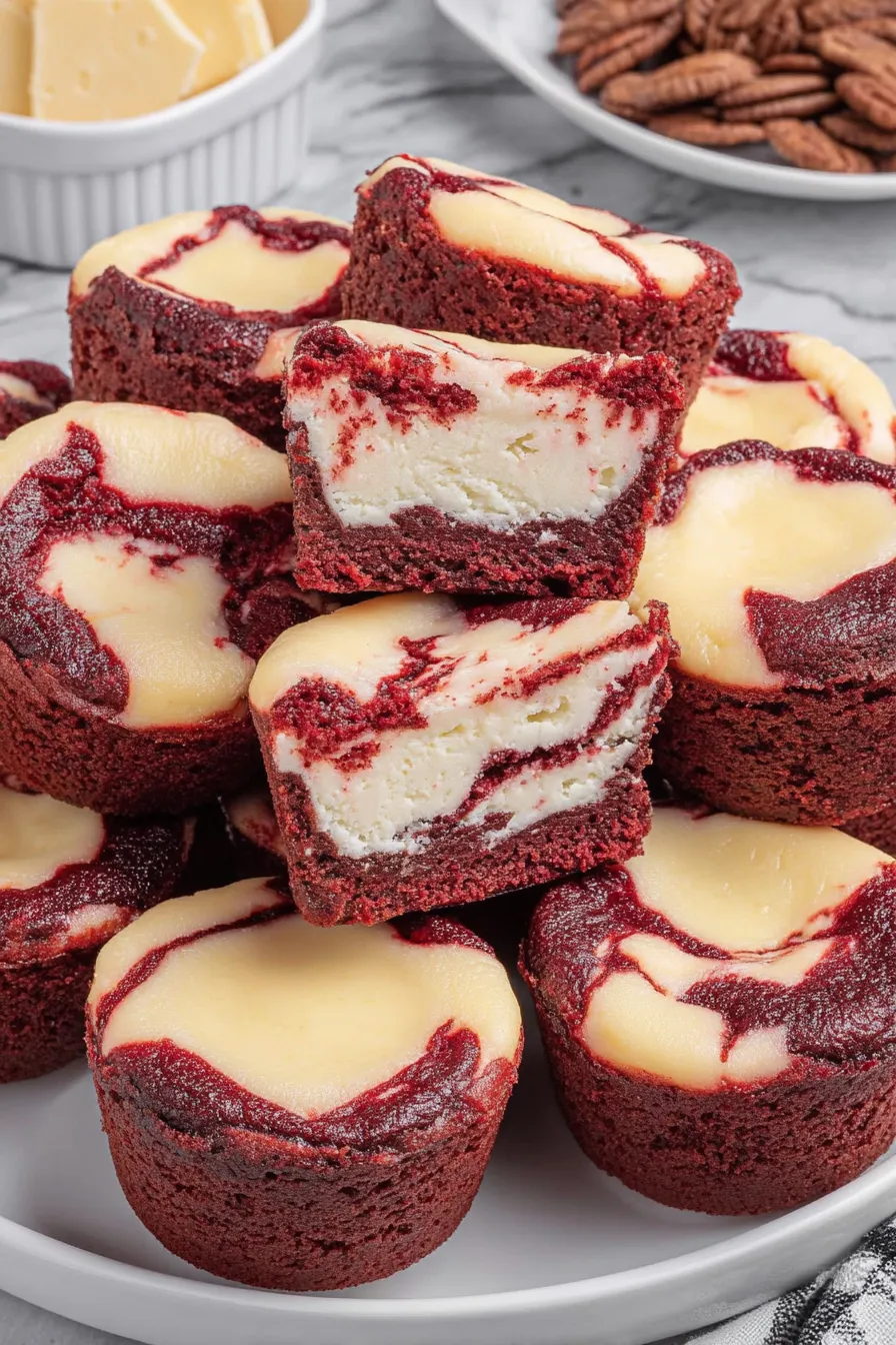 Close-up of a red velvet bite with cheesecake center