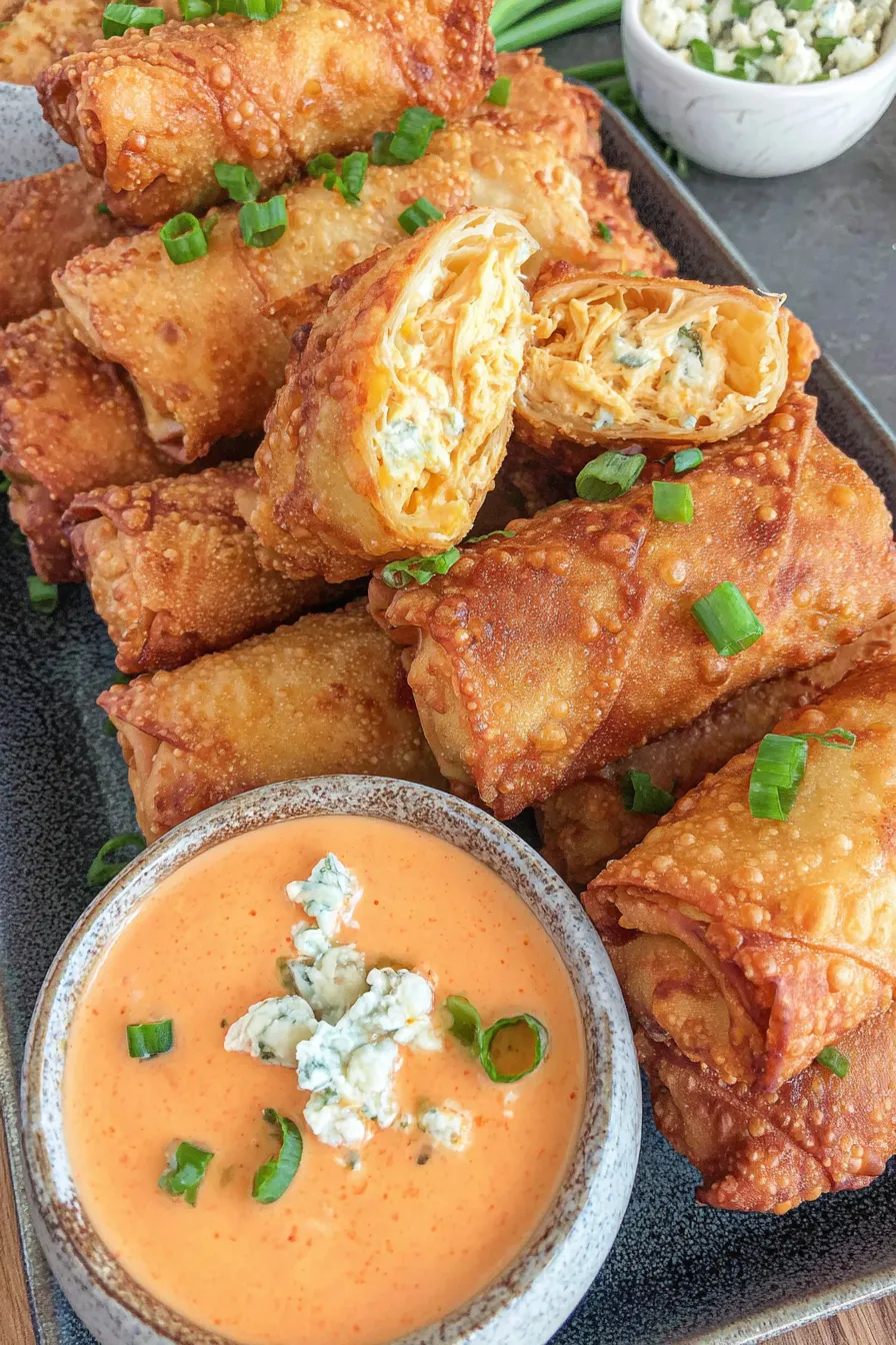 Golden fried buffalo egg rolls on paper towel