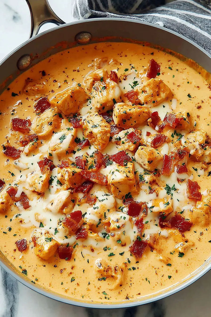 Keto Buffalo Chicken Skillet in skillet with melted cheddar