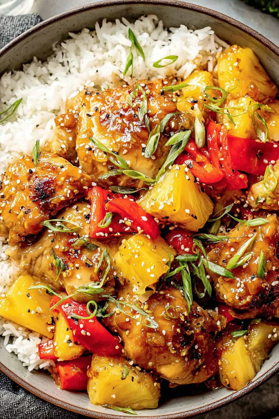 Crockpot Hawaiian Chicken cooking in slow cooker with pineapple and peppers