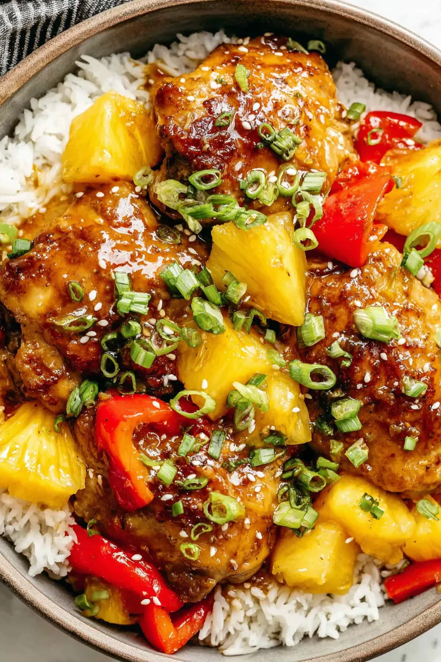 Served Hawaiian chicken over rice with green onion garnish