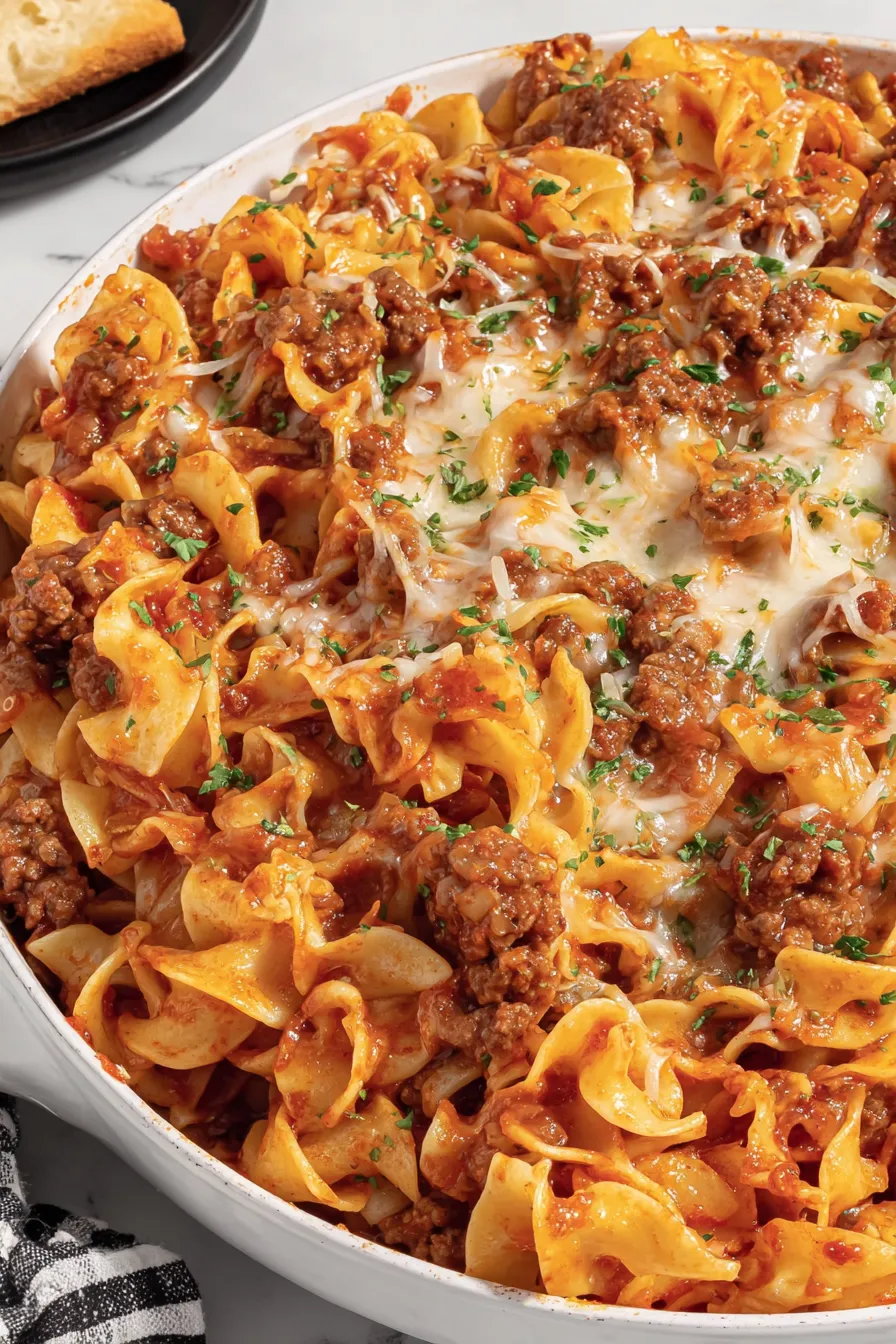 Noodle bake bubbling in a 9x13 dish