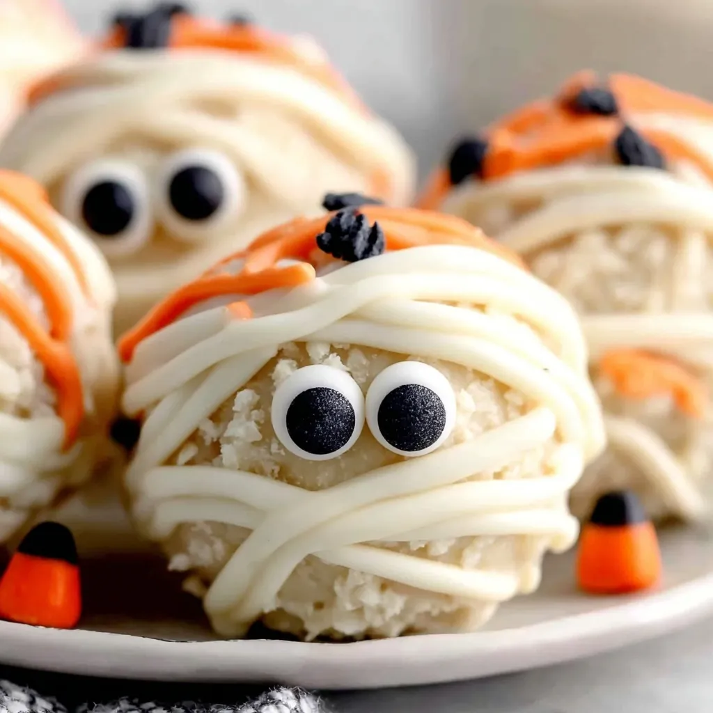Mummy cake balls dipped in white coating and decorated with candy eyes