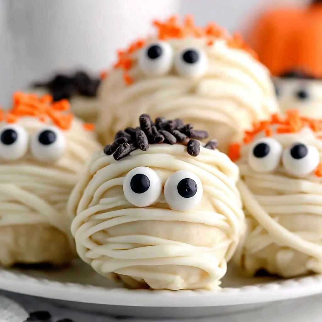 Close-up of a single mummy cake ball with candy eyes