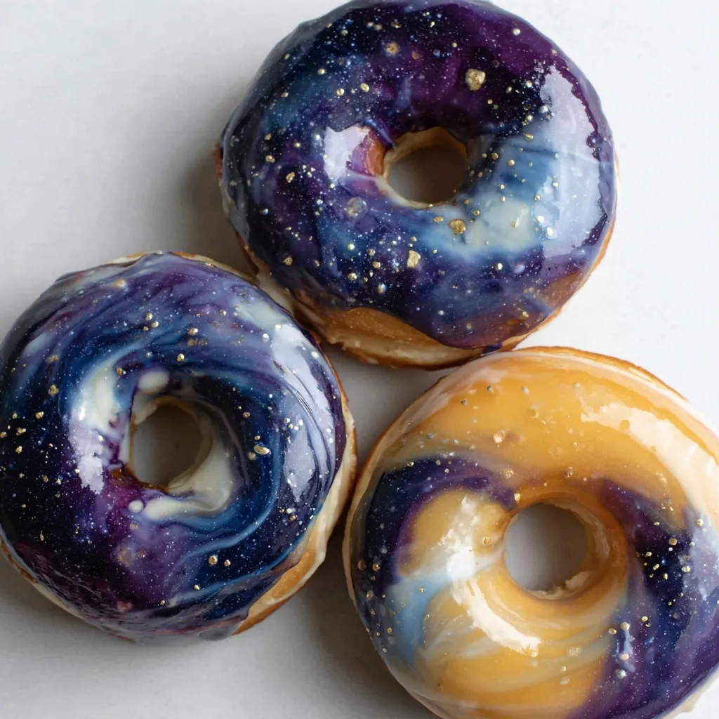 Stack of galaxy donuts with colorful swirled icing on a serving platter
