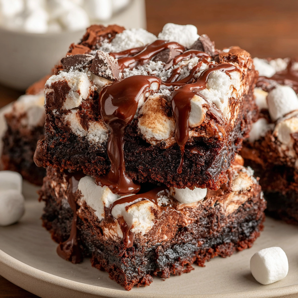 Fudgy marshmallow brownies sliced in the pan with glossy chocolate icing