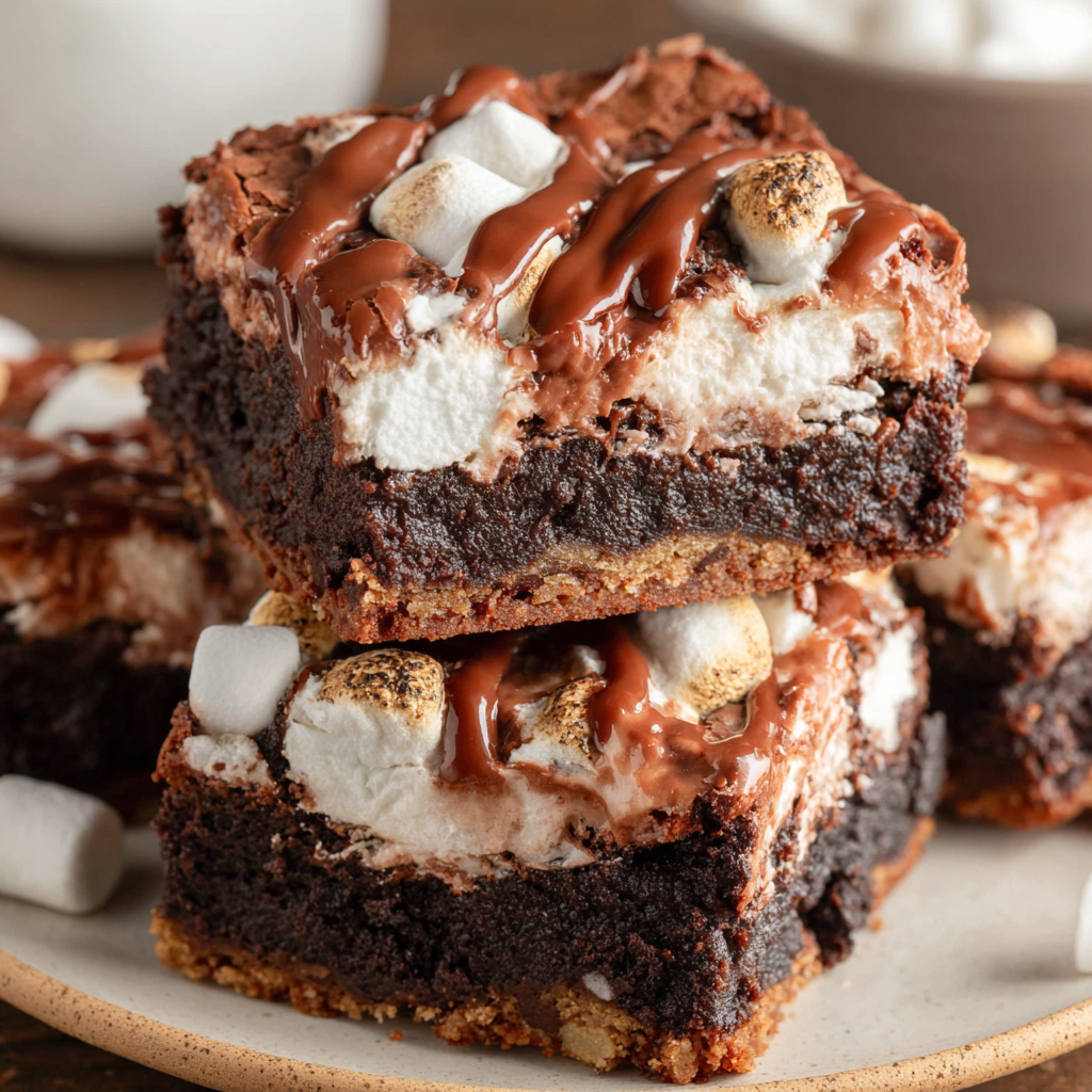 Stacked brownie squares showing marshmallow layer and shiny chocolate icing