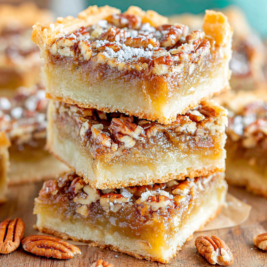 Pecan pie bars stacked with parchment between layers for storage