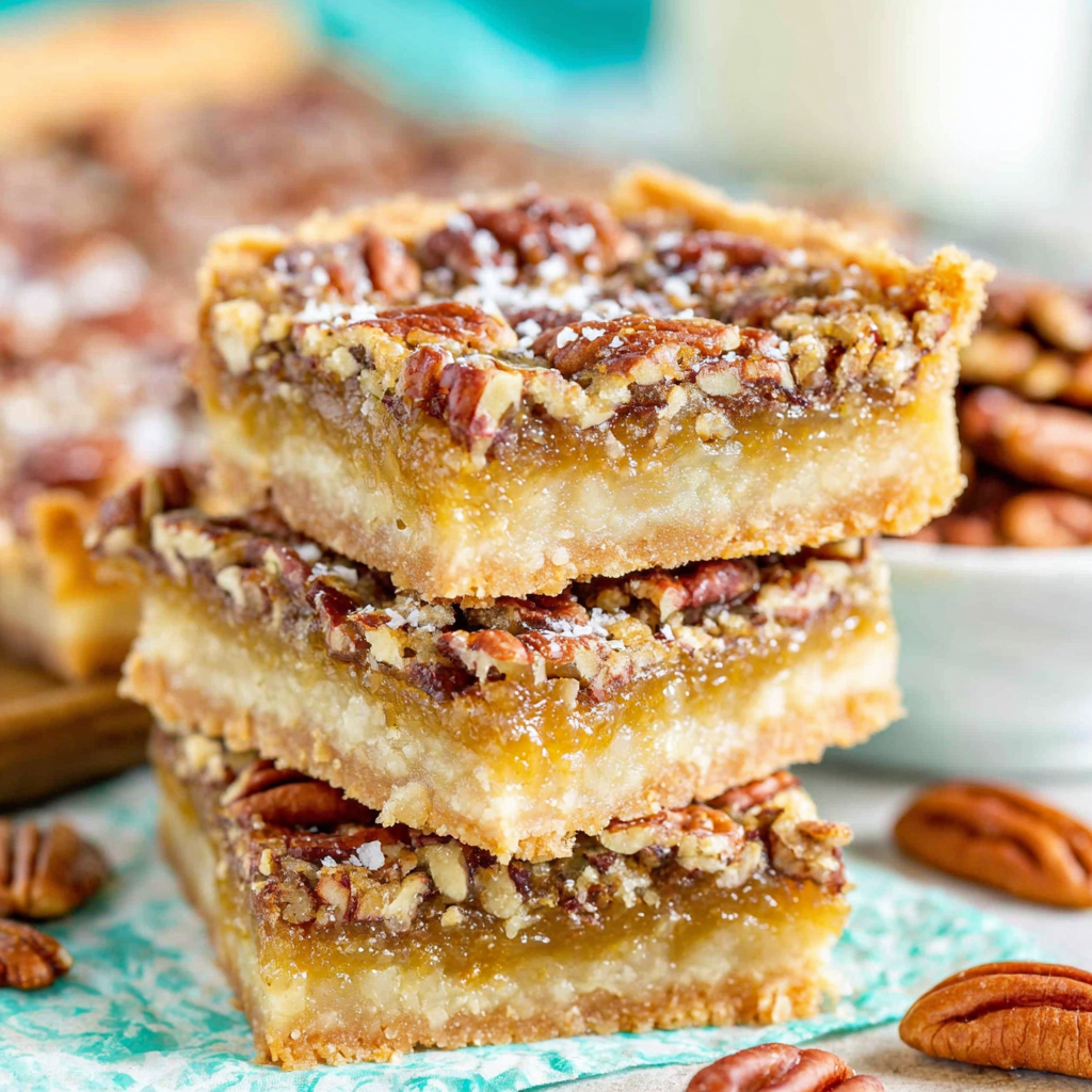 Pecan pie bars on a plate with coffee and flaky salt garnish