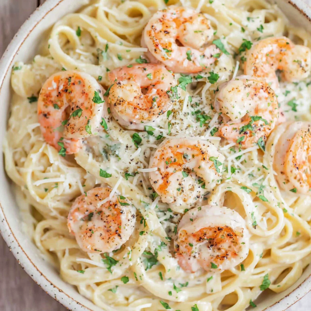 Close-up of shrimp searing in a skillet for alfredo pasta