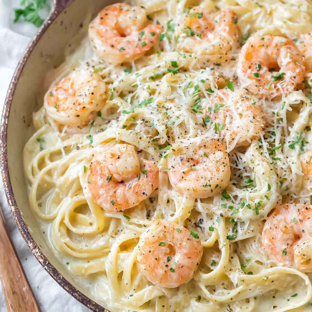 Twirl of fettuccine alfredo with shrimp on a fork